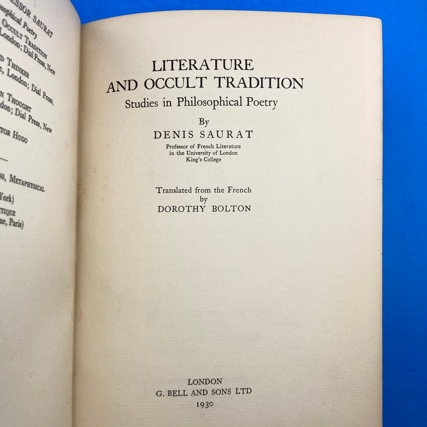 Literature and Occult Tradition: Studies in Philosophical Poetry