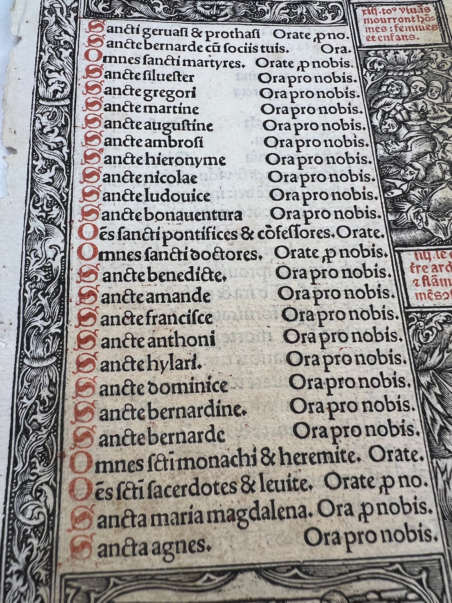 c1500s Leaf from Printed Book of Hours with Metalcuts - Litany
