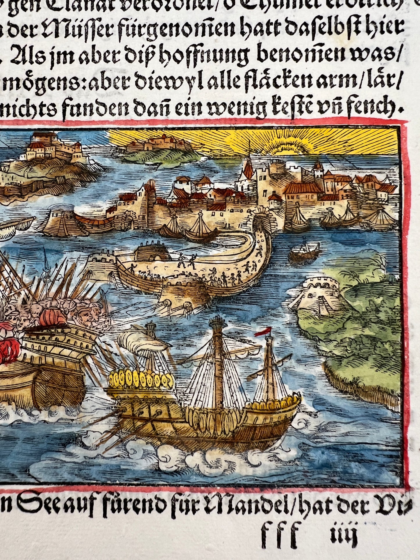 1548 Folio Leaf with Woodcut From The Stumpf Chronicle - Sea Battle off Naples Italy in 1530