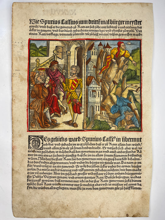 1514 Leaf with Woodcut - Livy's History of Rome: Spurius Cassius Hurled From Tarpeian Rock