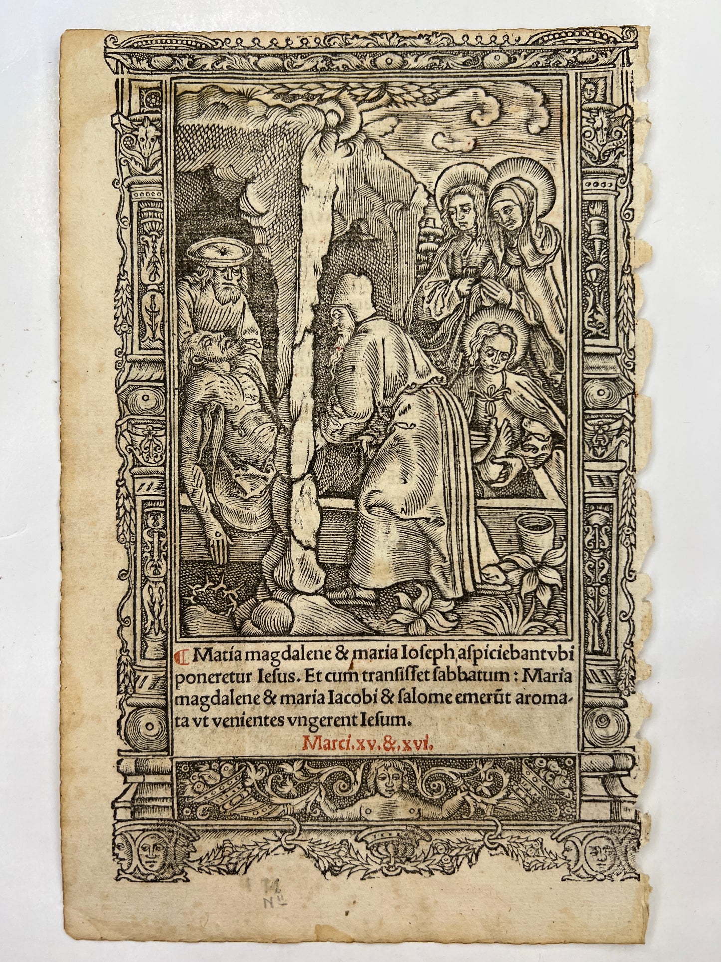 c1500s Leaf from Printed Book of Hours with Metalcuts - Burial of Jesus