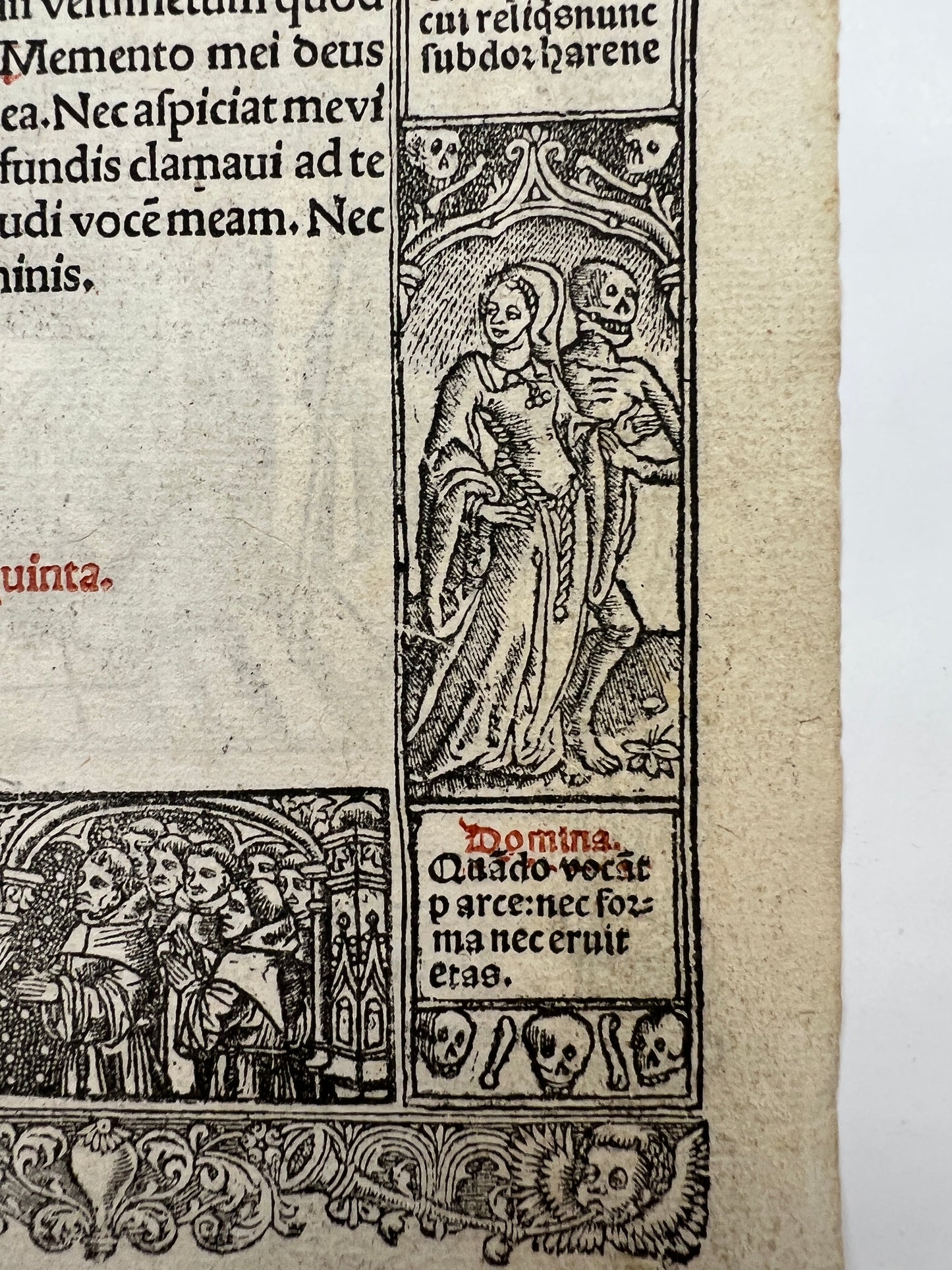 c1500s Leaf from Printed Book of Hours with Metalcuts - Birth & Death
