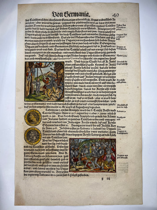 1548 Folio Leaf with 5 Woodcuts From The Stumpf Chronicle - Execution Scene & Battle of Buh