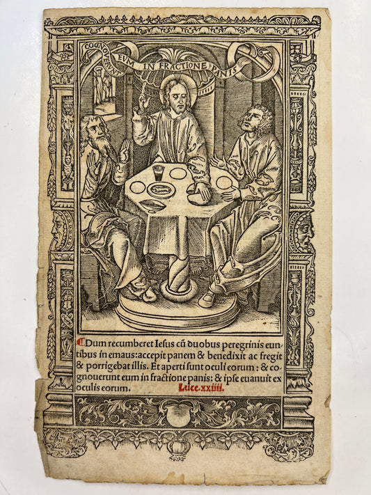 c1500s Leaf from Printed Book of Hours with Metalcuts - Breaking of the Bread