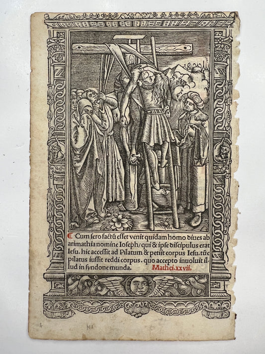 c1500s Leaf from Printed Book of Hours with Metalcuts - Deposition