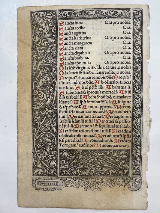 c1500s Leaf from Printed Book of Hours with Metalcuts - Litany