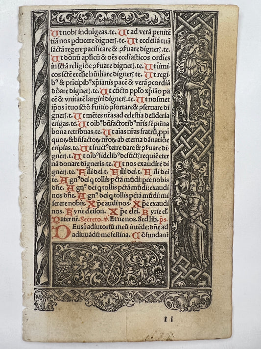 c1500s Leaf from Printed Book of Hours with Metalcuts