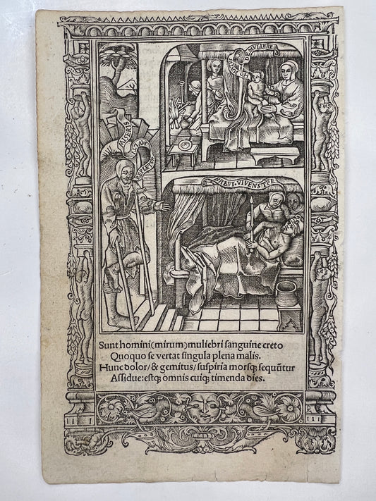 c1500s Leaf from Printed Book of Hours with Metalcuts - Birth & Death