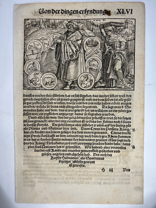 1537 Leaf with 2 Woodcuts - Origin of Guilds & Societies, Start of Warfare